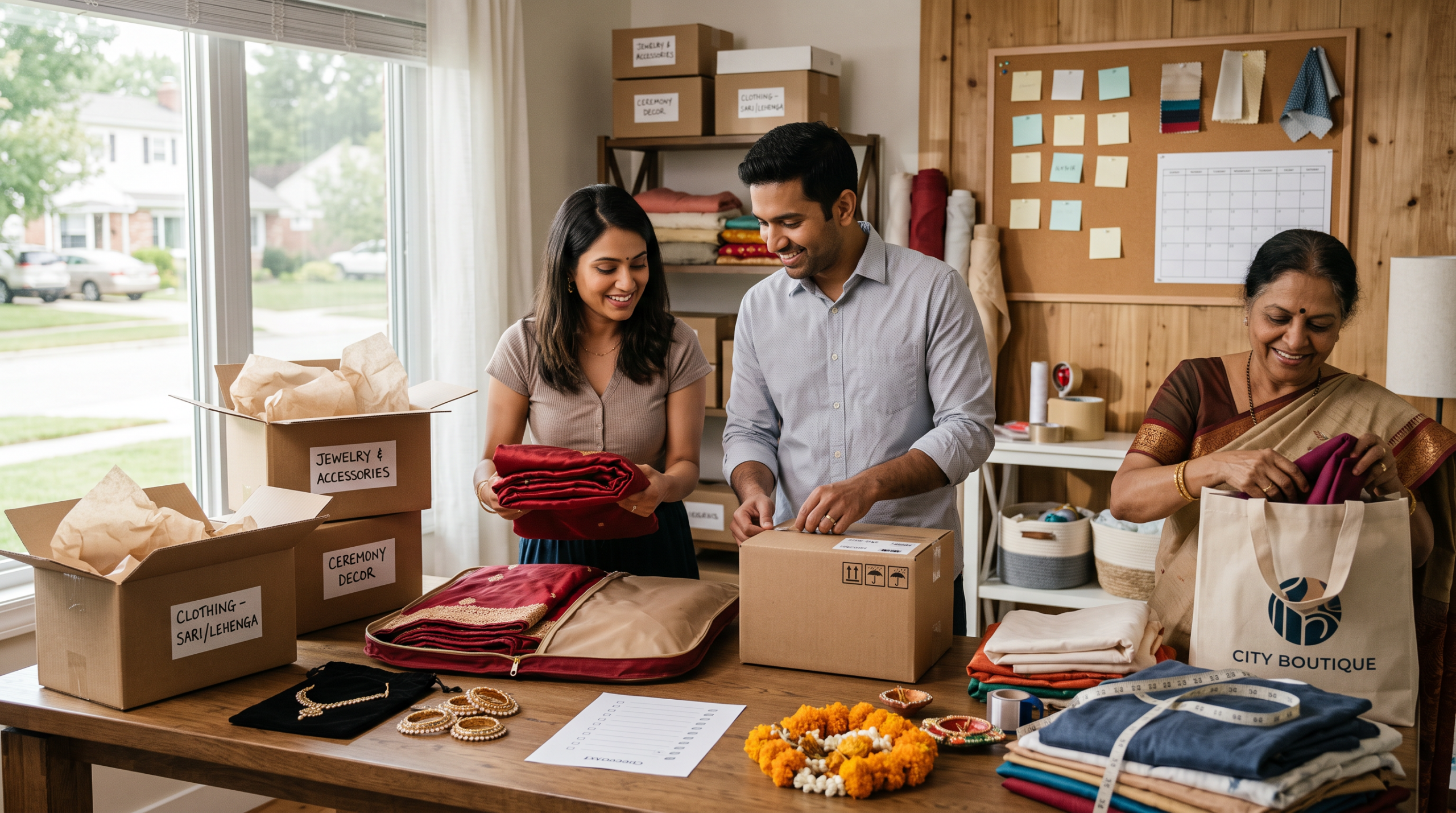 Indian wedding items being organized for shipment from India to the USA with backup sourcing plans