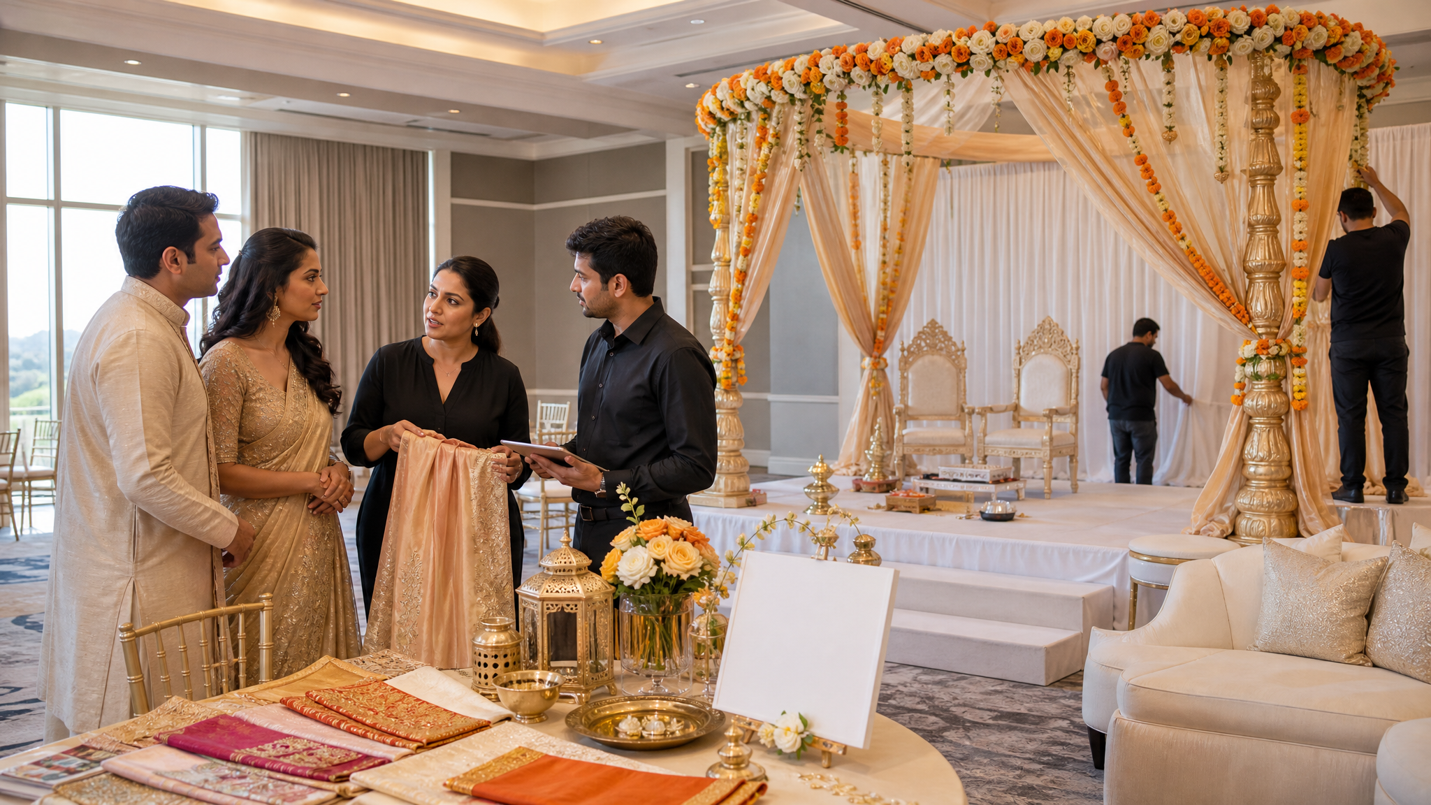 Indian wedding mandap and decor sourcing with a couple and design team in a USA venue